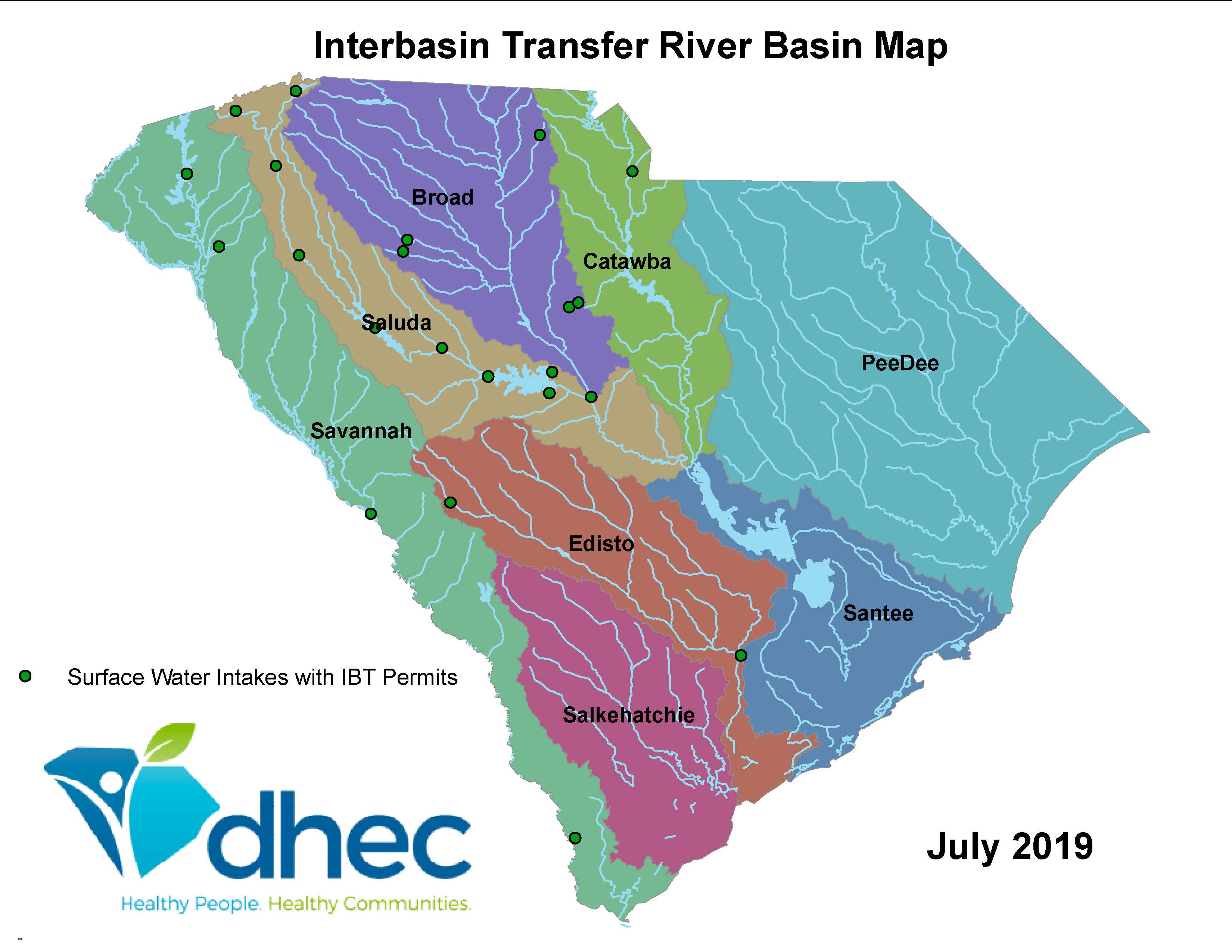 The following map of South Carolina illustrates the 8 major river basins of the state and the locations of surface water intakes are located for interbasin transfers or IBT. 